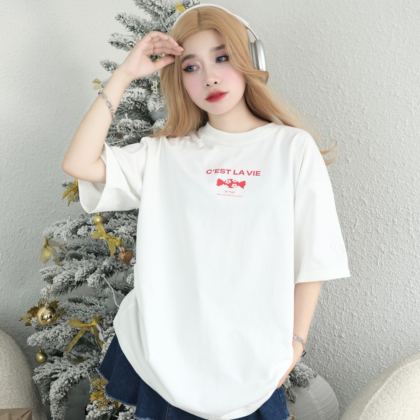 áo thun oversize cslavie candy white outfit hàng ngày