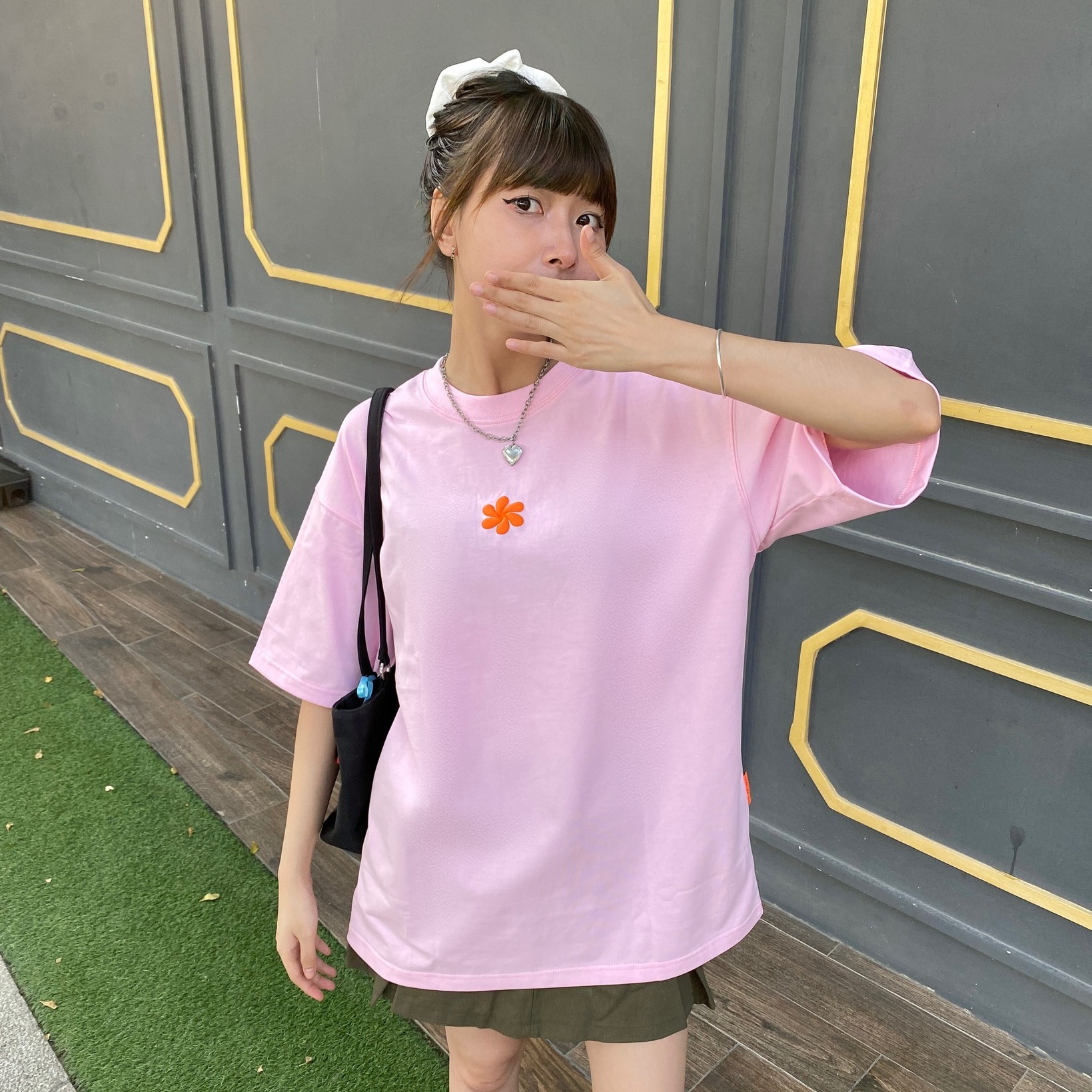áo thun oversize cslavie flower pink form rộng hiện đại