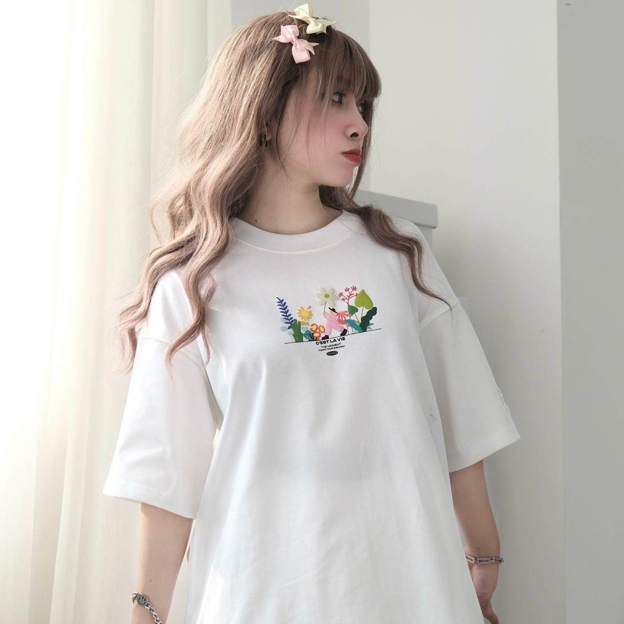 áo thun áo thun oversize cslavie garden white
