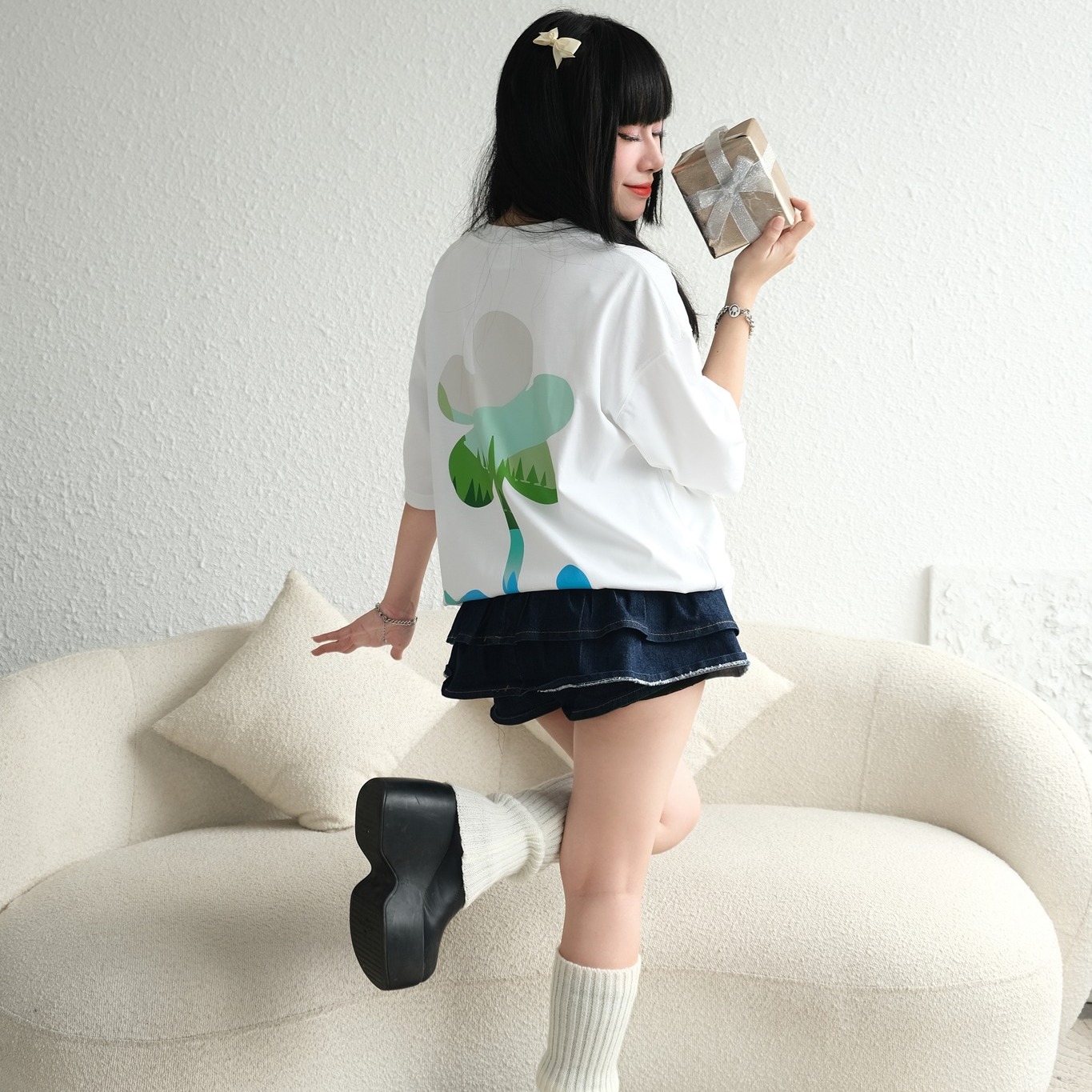 áo thun oversize cslavie tree white form rộng hiện đại